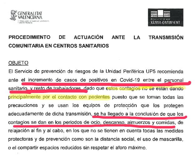 Recomendaciones. Parte del documento remitido por la gerencia del departamento de salud de Xàtiva-Ontinyent a personal sanitario. 