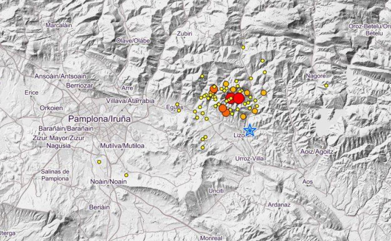 Mapa del Instituto Geográfico Nacional marcando los terremotos en Navarra.