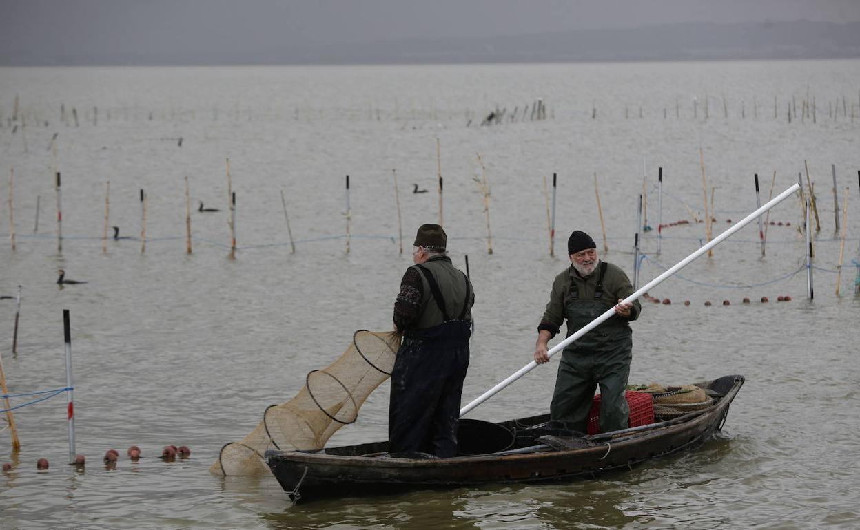 Dos pescadores faenan en la Albufera. 