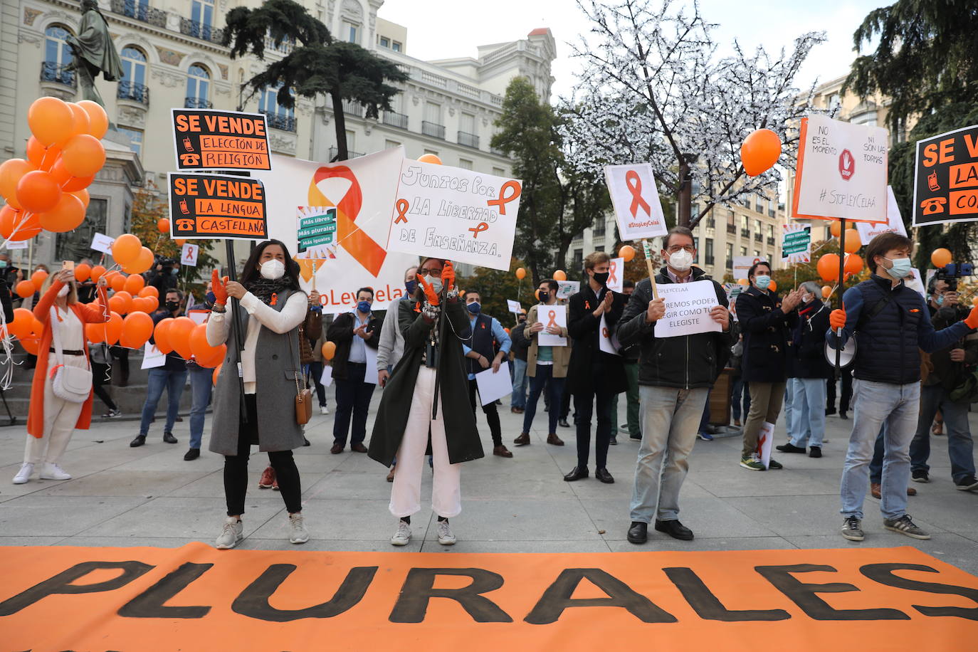 Miembros de la Plataforma Más Plurales se manifiesta en contra de la nueva ley de educación, la llamada ley Celaá, en frente del Congreso este viernes. Los manifestantes consideran que la nueva ley ataca la libertad de las familias la hora de elegir centro.