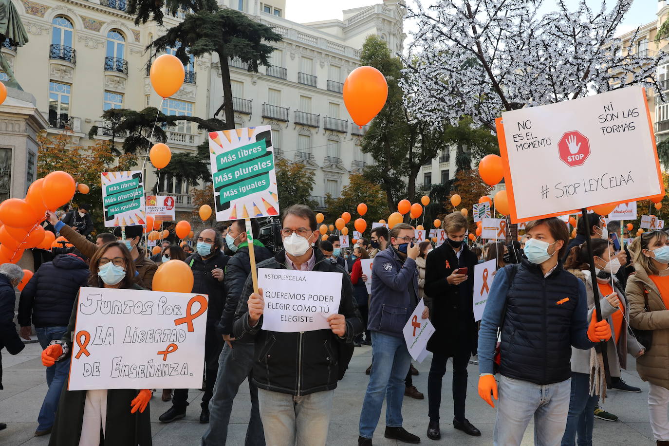 Miembros de la Plataforma Más Plurales se manifiesta en contra de la nueva ley de educación, la llamada ley Celaá, en frente del Congreso este viernes. Los manifestantes consideran que la nueva ley ataca la libertad de las familias la hora de elegir centro.