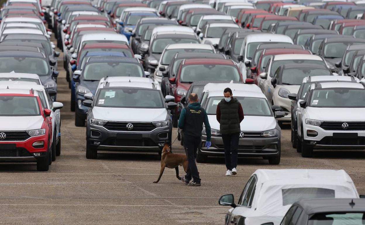 Uno de los perros junto a dos agentes de la Guardia Civil. 