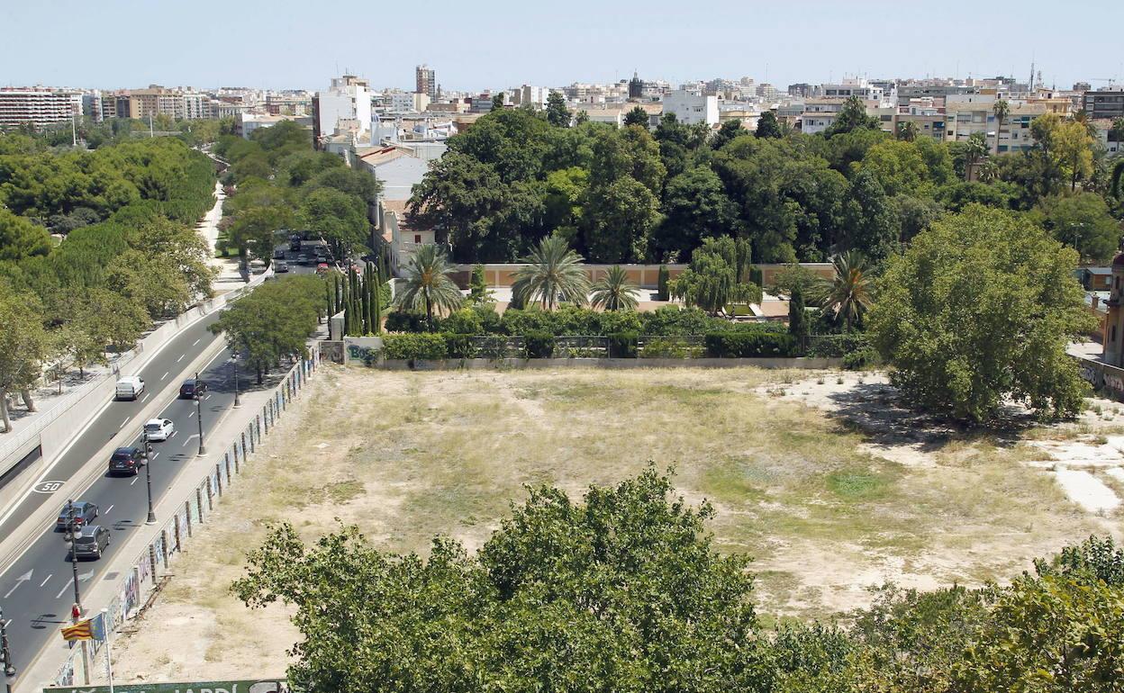 Vista del solar que se urbanizará como jardín con el Botánico al fondo. 