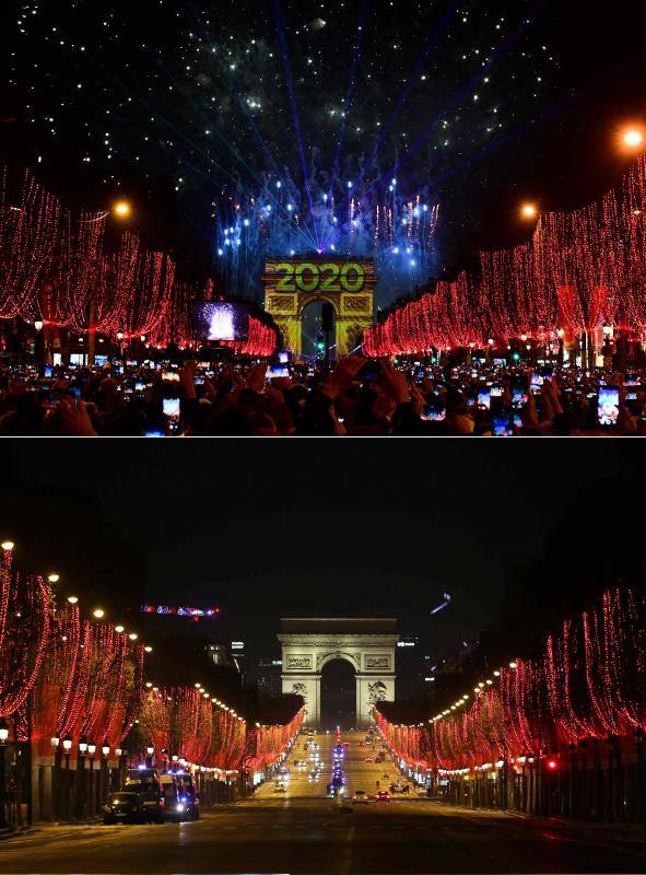 El Arco del Triunfo de París en la despedida de 2019, llena de ciudadanos franceses, y la despedida de esta Nochevieja, con las calles vacías. 