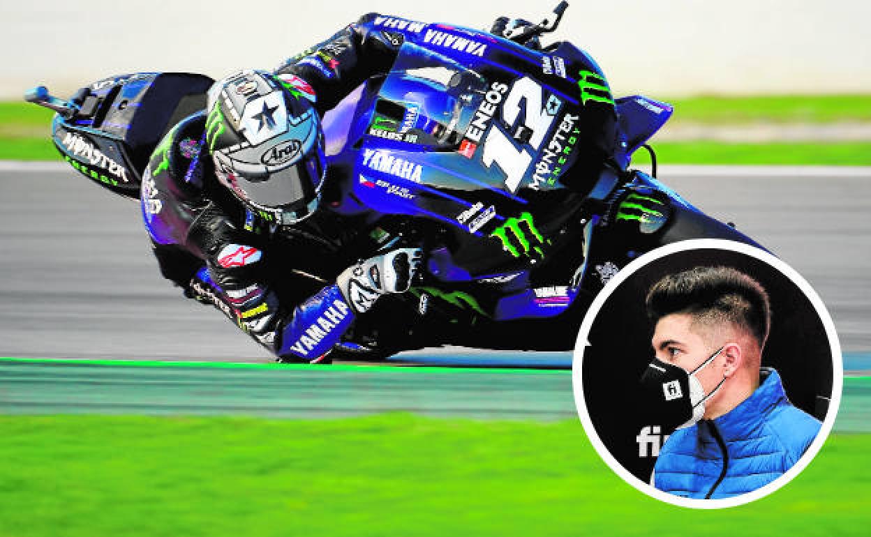 Viñales, durante una carrera de 2020 y, en detalle, durante la entrevista. 