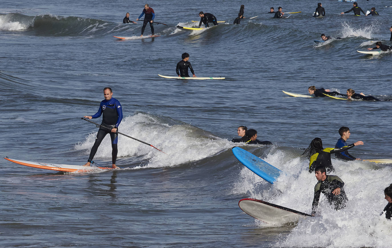 A falta de otras distracciones -los comercios están cerrados y escasean las ofertas de ocio y culturales- los valencianos se han lanzado este fin de semana a los parques, paseos y playas de la ciudad para disfrutar de este fin de semana de restricciones a causa de la pandemia de Covid. Los largos paseos y la práctica de deportes como el running o el surf son ahora las formas preferidas de ocio. 