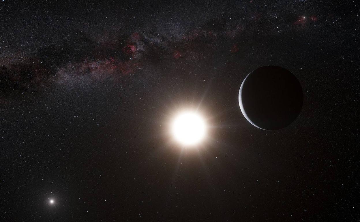 Reproducción artística de un planeta orbitando una estrella del sistema Alfa Centauri. 