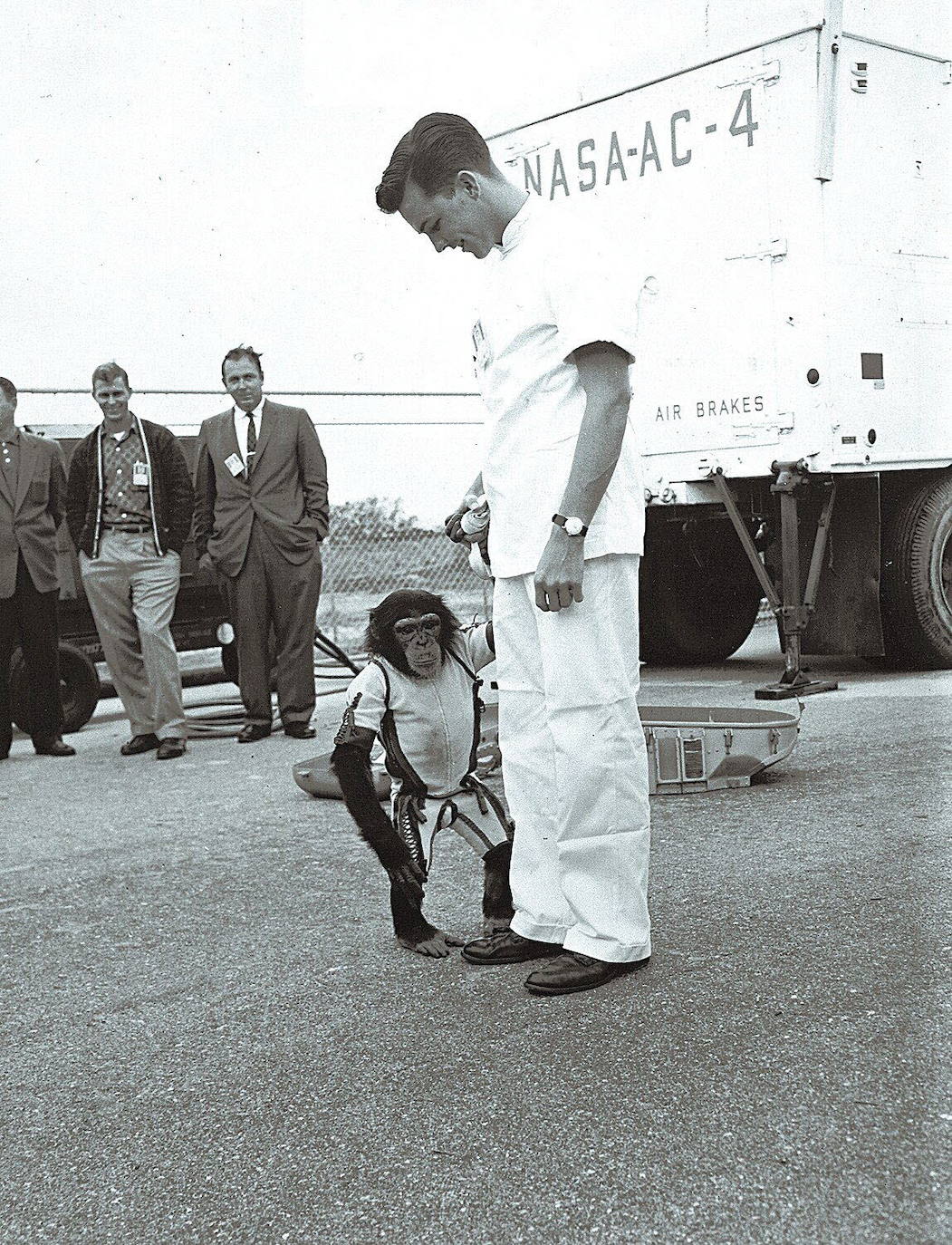 El astronauta estadounidense Alan B. Shepard es fotografiado con el chimpancé Ham, quien lo precedió en el espacio con un vuelo suborbital de 16 minutos realizado a bordo del cohete Mercury Redstone el 31 de enero de 1961. La misión de Ham allanó el camino para el lanzamiento exitoso del primer astronauta humano de Estados Unidos, Alan B. Shepard, Jr.