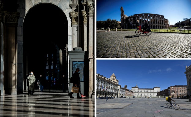 Cuarenta y dos millones de italianos han vuelto al confinamiento un año después del inicio de la pandemia. Las calles de Roma, Milán, Nápoles, Venecia o Turín presentan una imagen atípica, medio vacías desde que este lunes el gobierno italiano decretara una medida para frenar los contagios del país. Las comunidades más pobladas han entrado en la llamada 'zona roja', en la que sólo se puede salir por trabajo o necesidad.