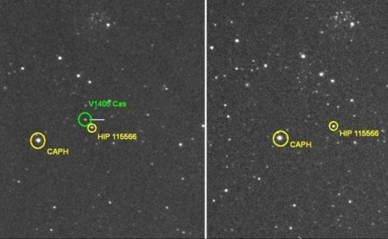 Capturas realizadas en el área donde se ha producido la explosión de la estrella, antes y después del fenómeno.