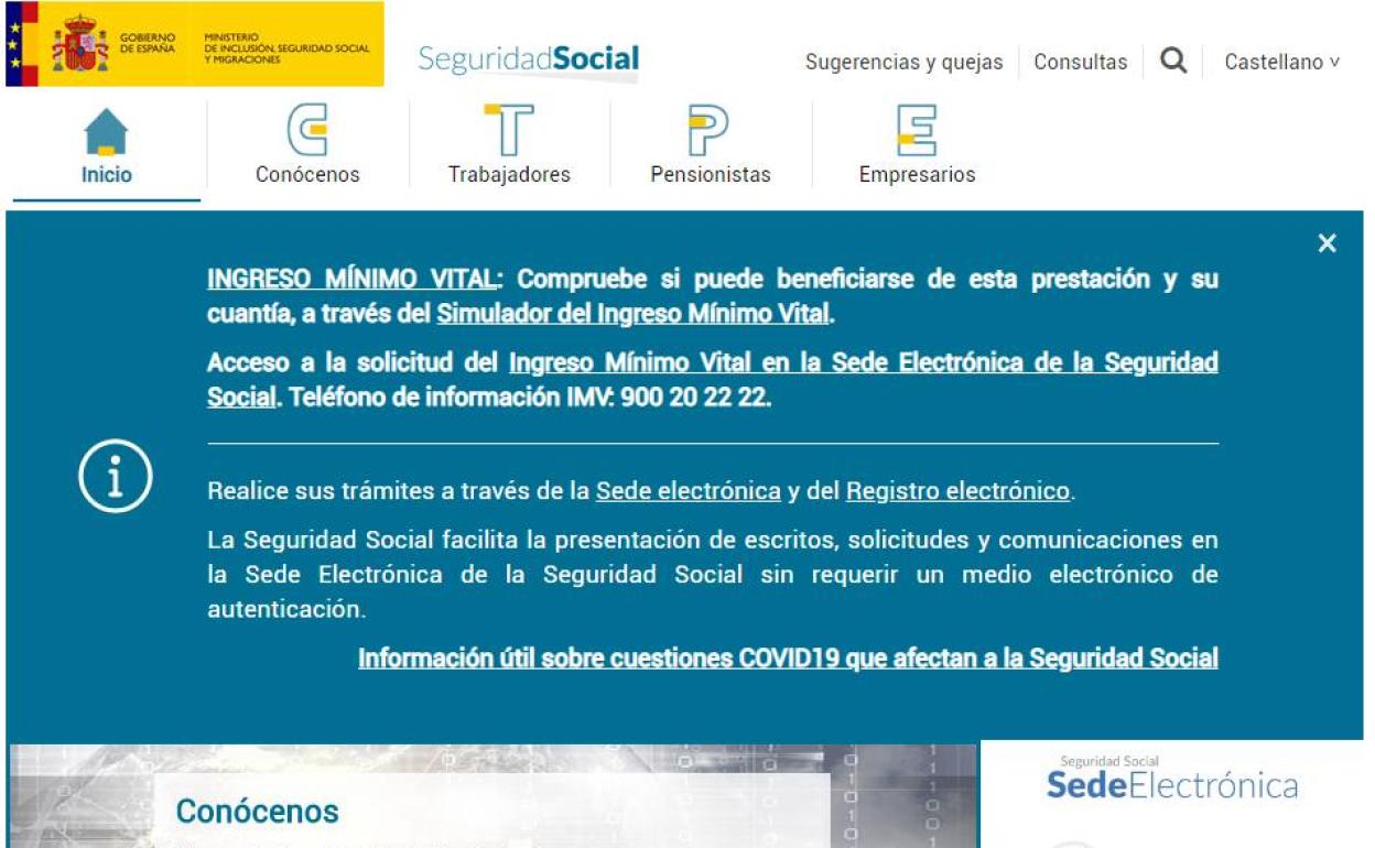 La página de web de la Seguridad Social muestra un aviso sobre el IMV.