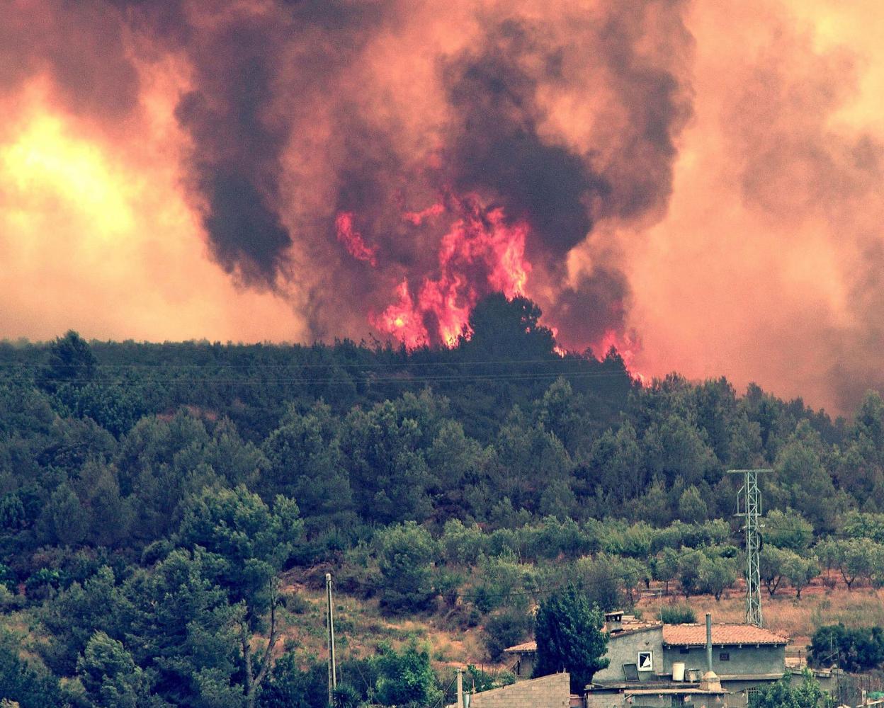 Las gigantescas llamas del fuego de Cortes de Pallás amenazaron viviendas en Turís. manuel bruque/efe