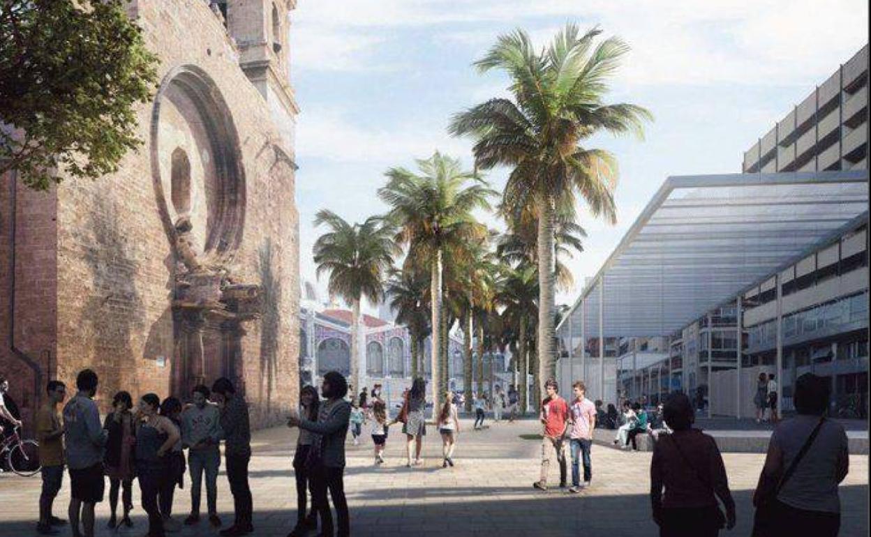 Recreación de la plaza Ciudad de Brujas tras las obras de reurbanización. 