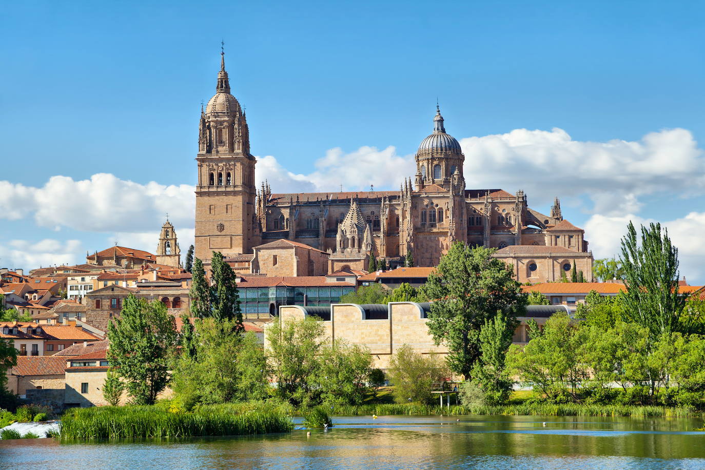 11.- Catedral de Salamanca | La Catedral de Salamanca, llamada popularmente Catedral Nueva, es una de las dos que tiene la ciudad de Salamanca, junto a la Catedral Vieja. Fue construida entre los siglos XVI y XVIII mezclando los estilos gótico tardío, renacentista y barroco. Es la segunda mayor catedral de España en dimensiones y su campanario, con 93 metros de altura, también es de los más altos.​