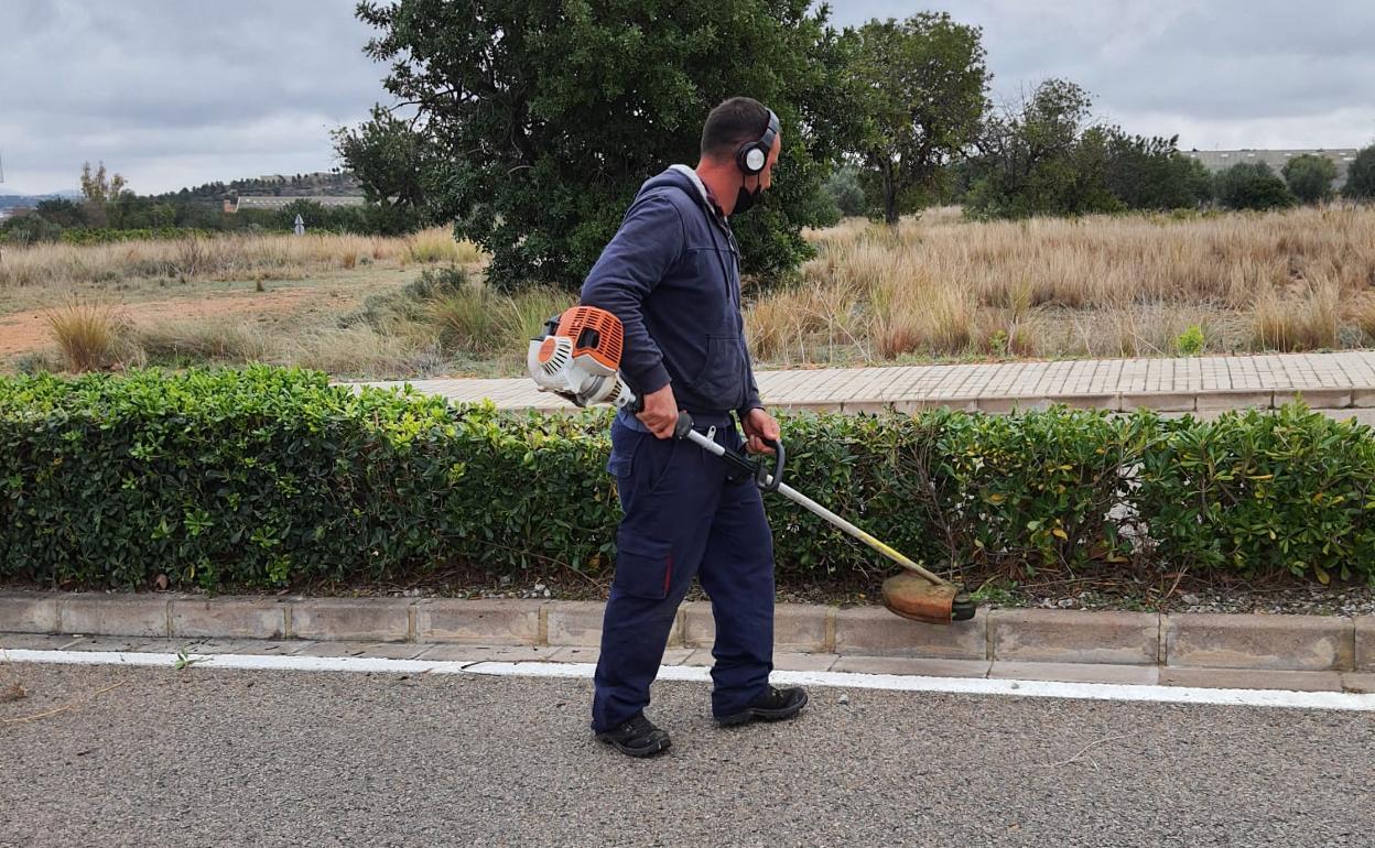 Un trabajador efectúa labores de mejora de zonas verdes. 