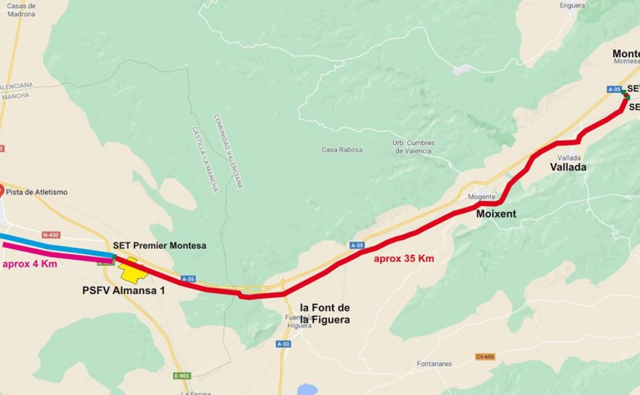 Mapa de la distancia de ambas subestaciones desde el lugar donde se prevé vaya la planta fotovoltaica. 
