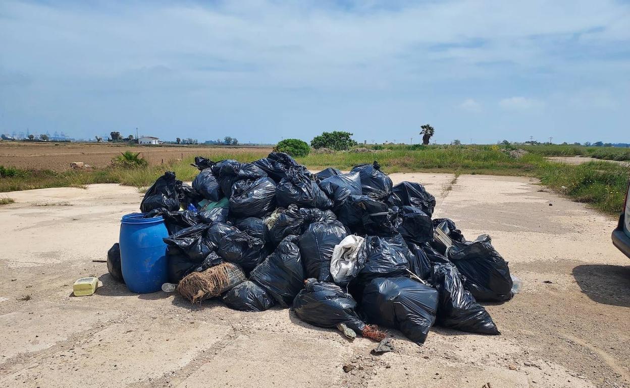 La montaña de bolsas con los plásticos recogidos en el marjal. 