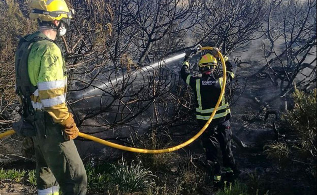 Los bomberos extinguen el fuego que se ha originado esta tarde en la pedanía de La Mata. 