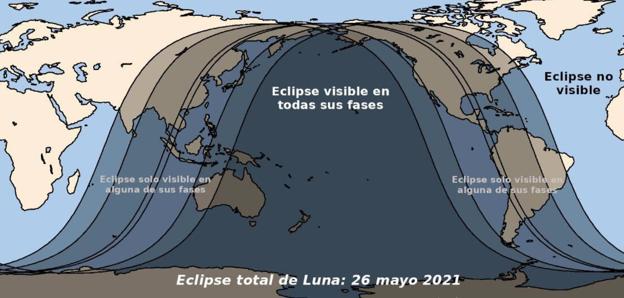 Mapa de los lugares donde se podrá observar el eclipse lunar.