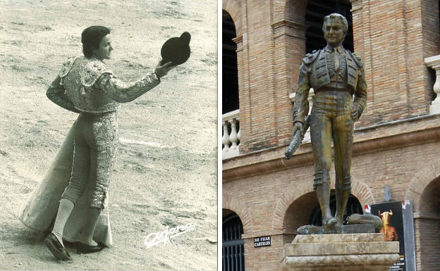 El torero Manolo Montoliu (izqda.) y su monumento frente a la plaza de Toros (drcha.).