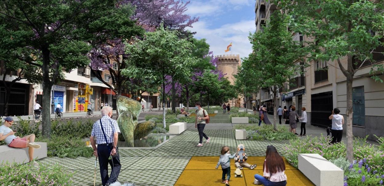 Recreación de una zona peatonal tras la reforma de la calle Guillem de Castro. ayto. valencia