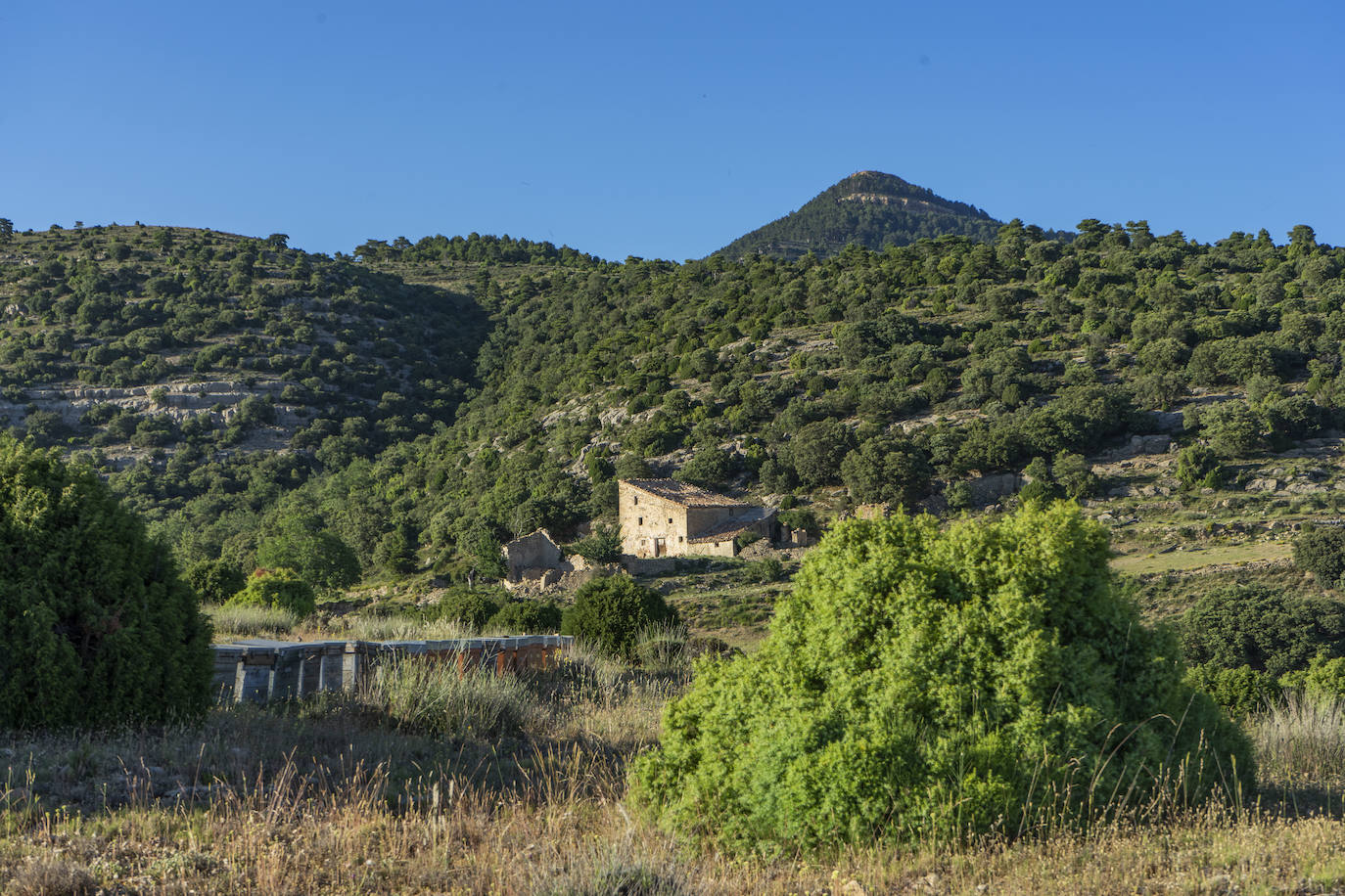 El Cabezo de las Cruces es una cima cercana al Penyagolosa, y tiene una altura de 1704 metros. La ruta hacia este pico parte de Cortes de Arenoso, y en el camino es posible encontrar multitud de fuentes y masías abandonadas, ahora parte del patrimonio histórico de la zona. En la foto, la cima del Cabezo de las Cruces vista desde el sendero que asciende a ella.