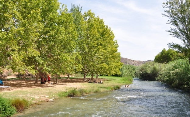 Imagen principal - Arriba, la playa fluvial de Bugarra, en el río Turia. Abajo a la izquierda, un hombre pescando en el coto de pesca de Bugarra-Pedralba. A la derecha, el río Turia a su paso por Bugarra. 