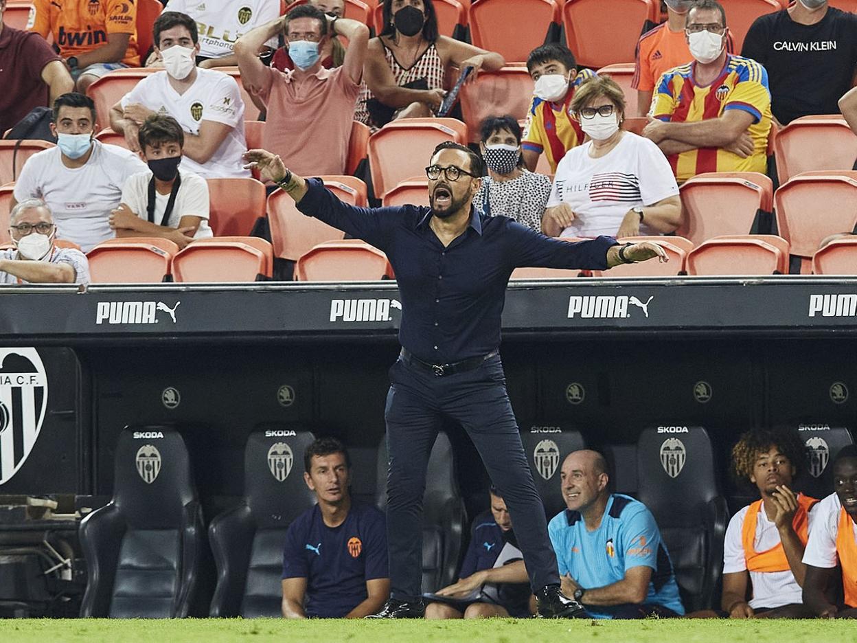 Varios aficionados observan atentos a Bordalás dando instrucciones contra el Getafe. i. Arlandis