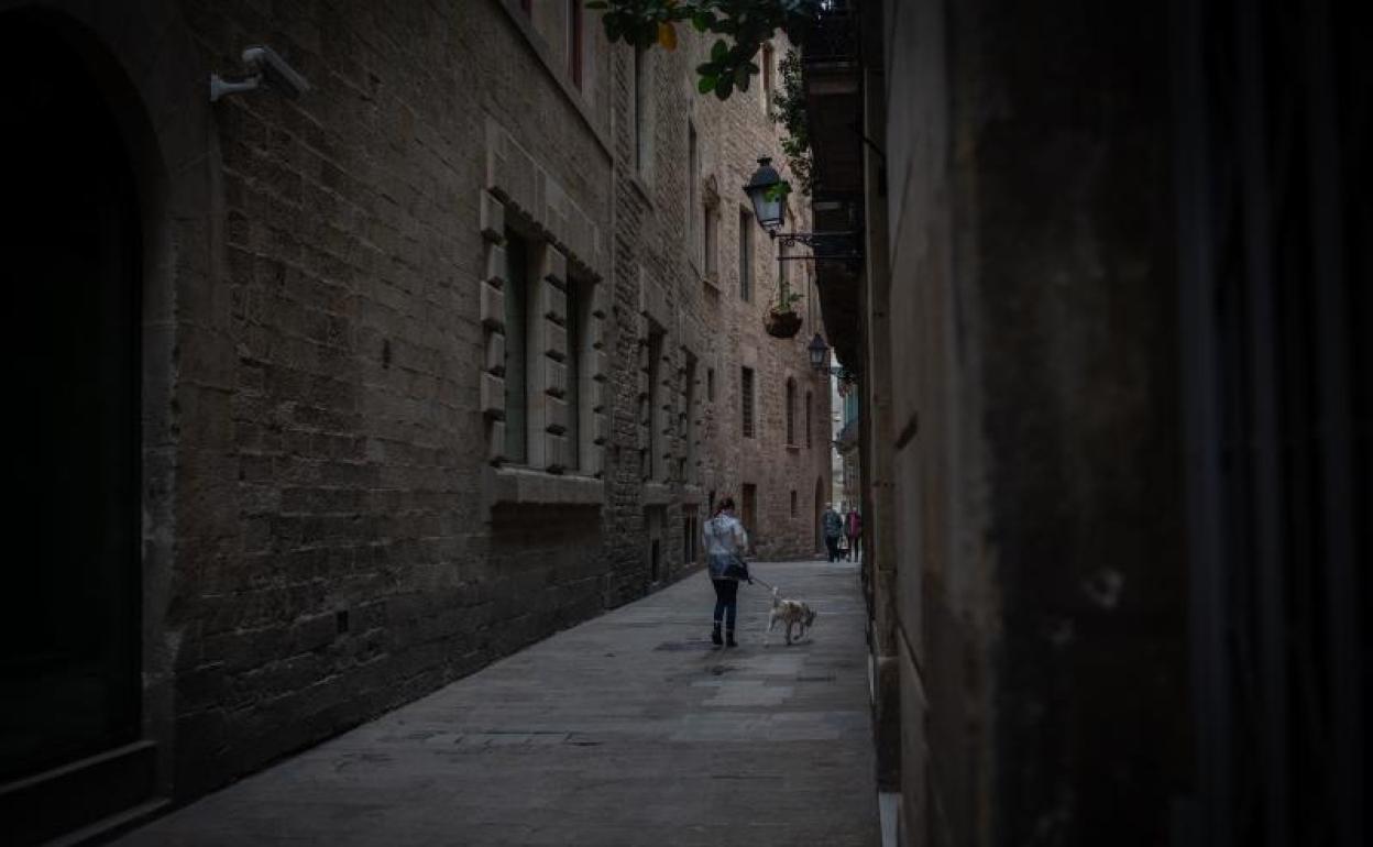 Una joven pasea a su perro antes del toque de queda en Valencia.