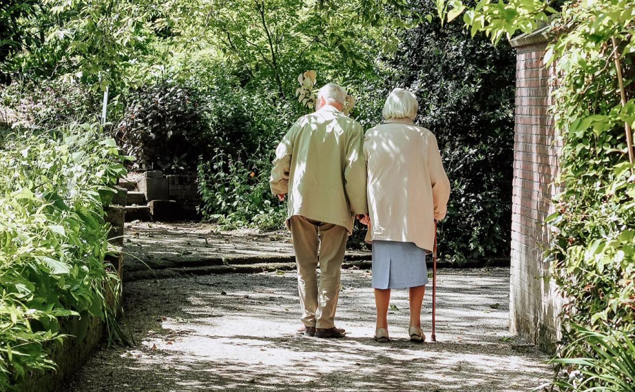 Dos ancianos paseando por un parque.