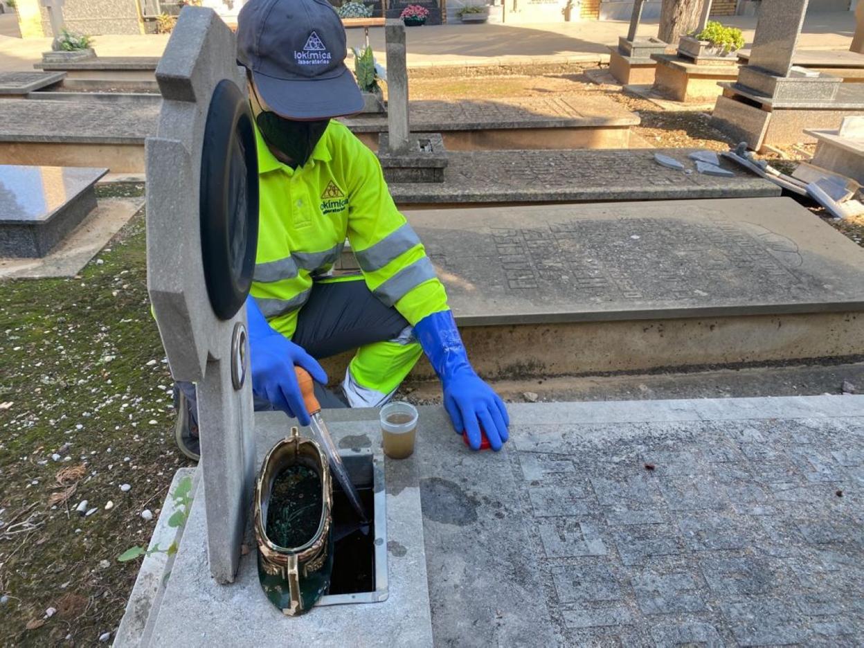 Un operario toma muestras de agua en una tumba de un cementerio municipal. ayto. valencia
