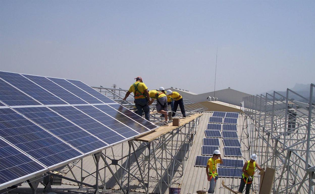 Operarios instalando una planta fotovoltaica. 