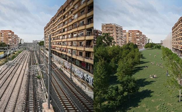 Recreación de la playa de vías y el Bulevar García Lorca, antes y después.