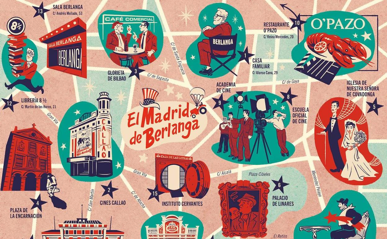 'El Madrid de Berlanga' es un nuevo mapa ilustrado con los lugares más significativos de la capital de España en la vida del director valenciano. 