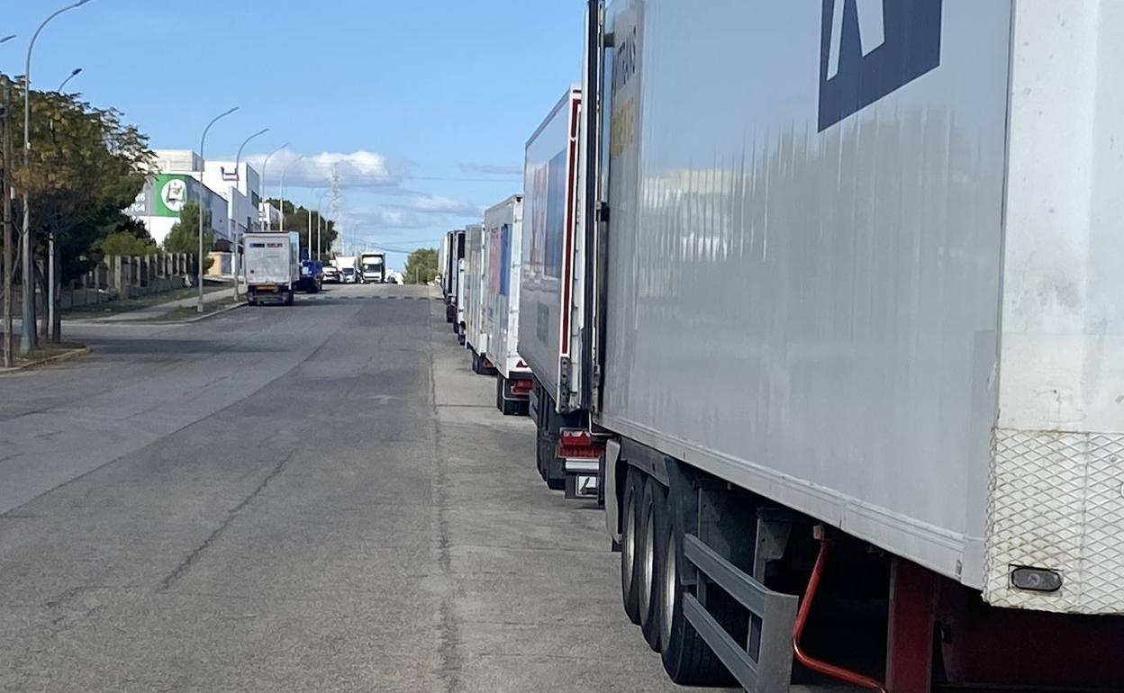 Una fila de camiones aparcados en una calle de Fuente del Jarro. 