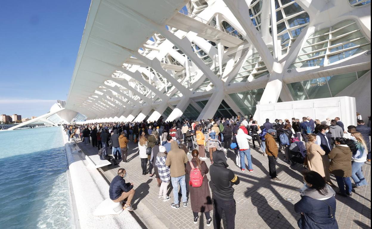 Colas para vacunarse este viernes en Valencia. 