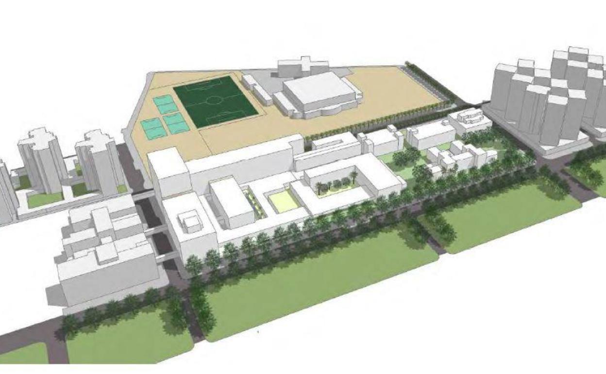 Recreacíon del hospital tras la ampliación, con Blasco Ibáñez en primer término. 