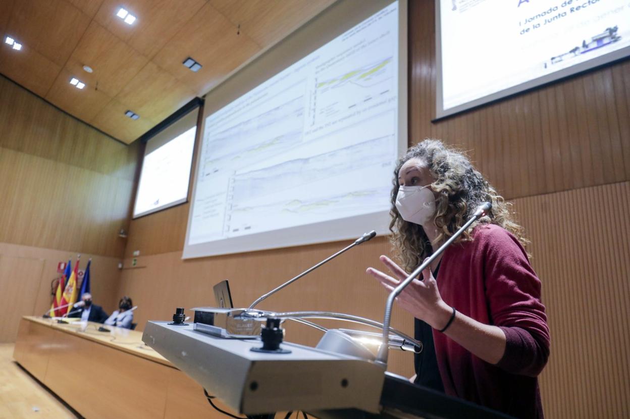  Investigadora exponiendo en el salón de actos de la UPV.