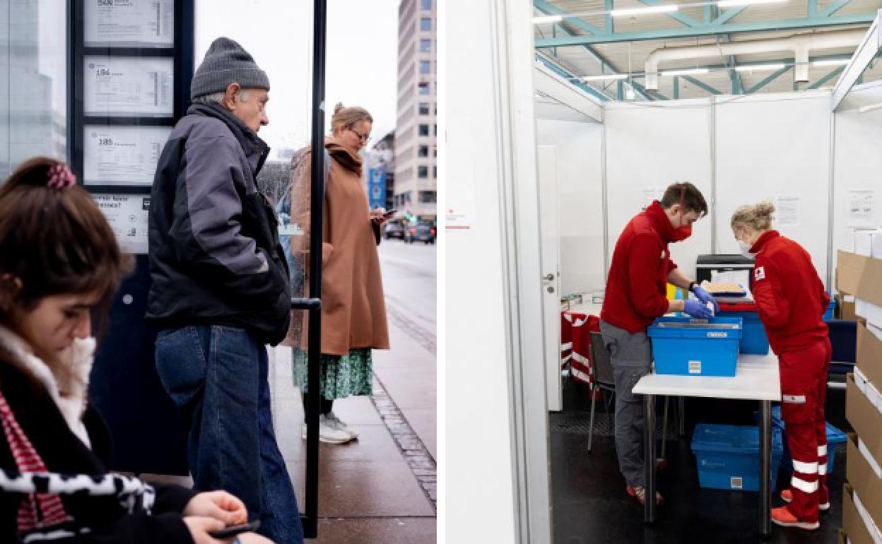 Pasajeros sin mascarilla aguardan al autobús en una parada de Copenhague, Dinamarca./ Personal médico revisa vacunas en el centro sanitario de Salzburg, Austria.