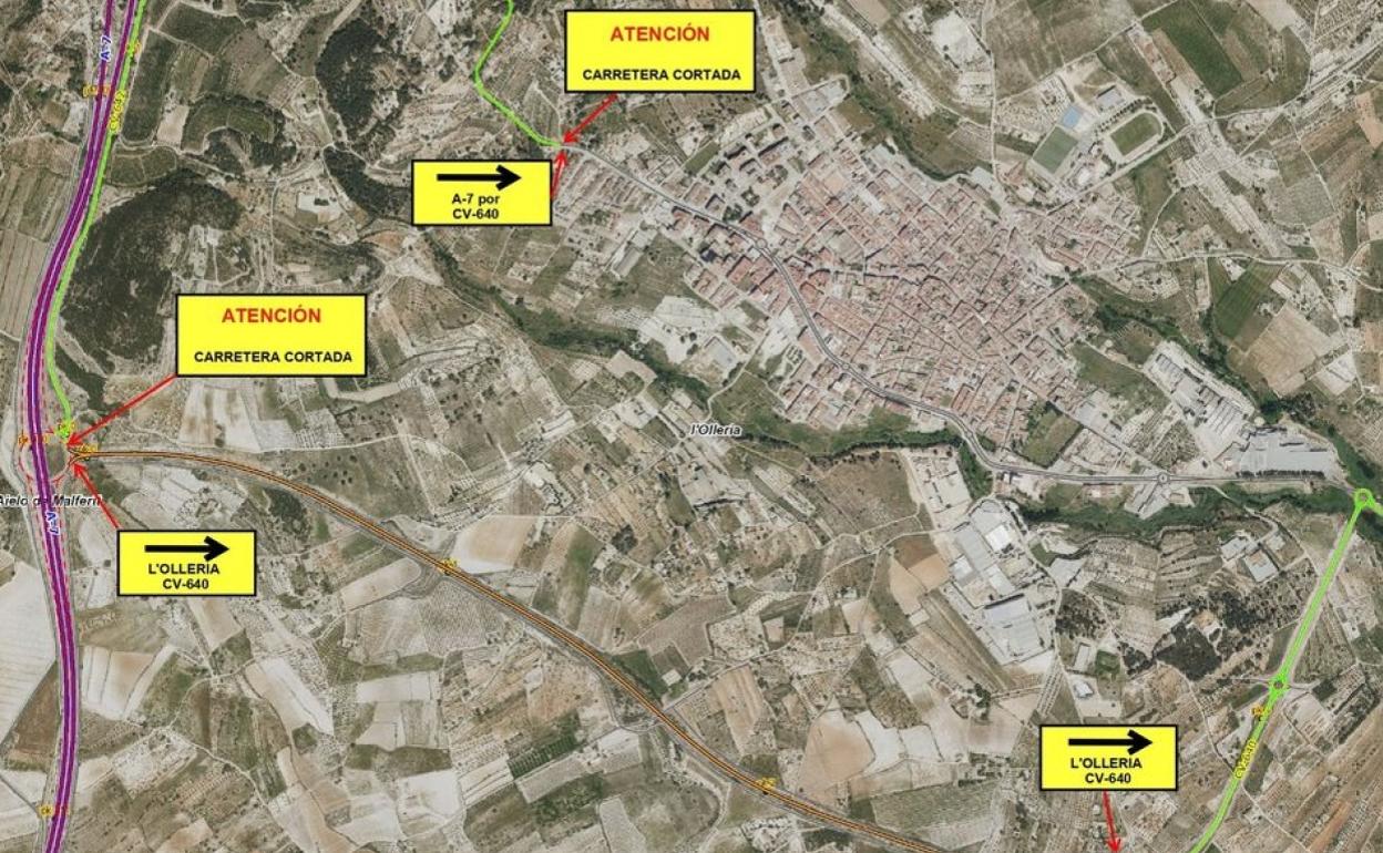 Plano donde se ubica el tramo que estará en obras en la carretera de acceso a l'Olleria. 