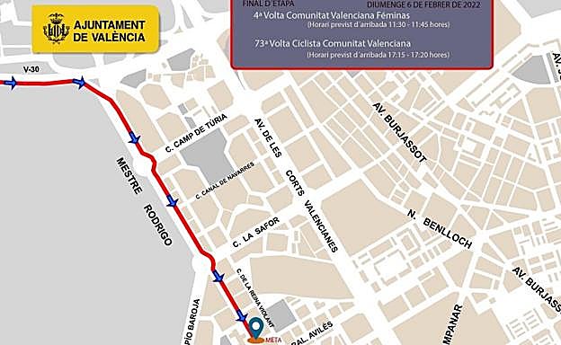 Mapa del recorrido de la prueba por Valencia. 