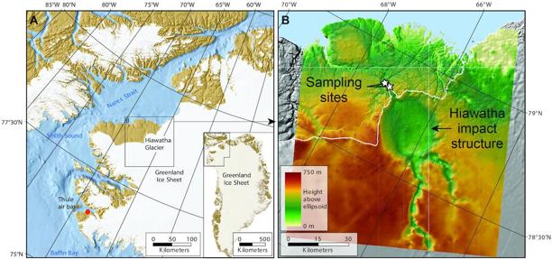 Mapas con la ubicación del cráter de Hiawatha en Groenlandia (izquierda) y la forma de la superficie terrestre bajo el hielo. 