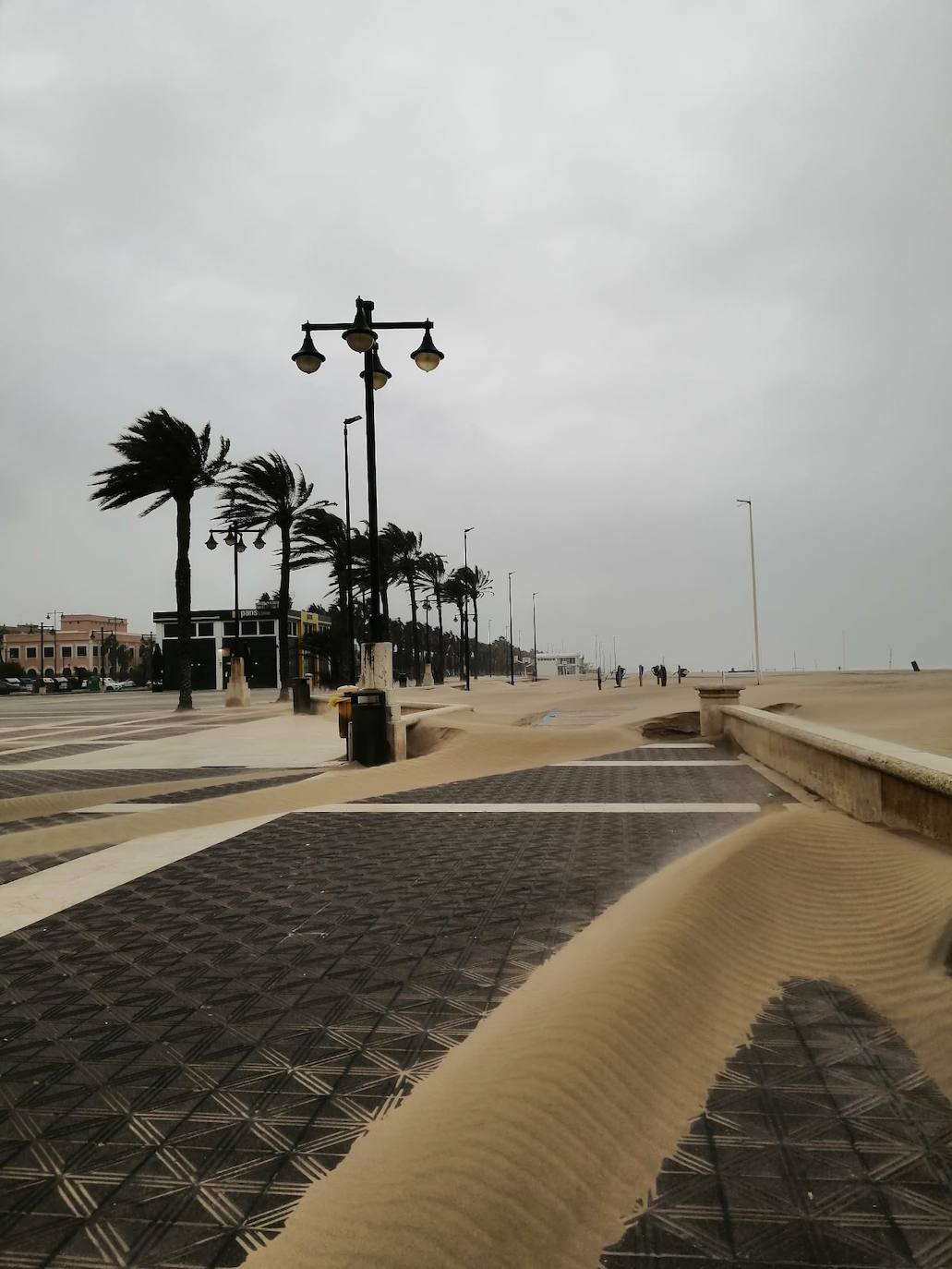 El paseo marítimo se ha llenado de arena por el temporal de viento en Valencia este 15 demarzo. 