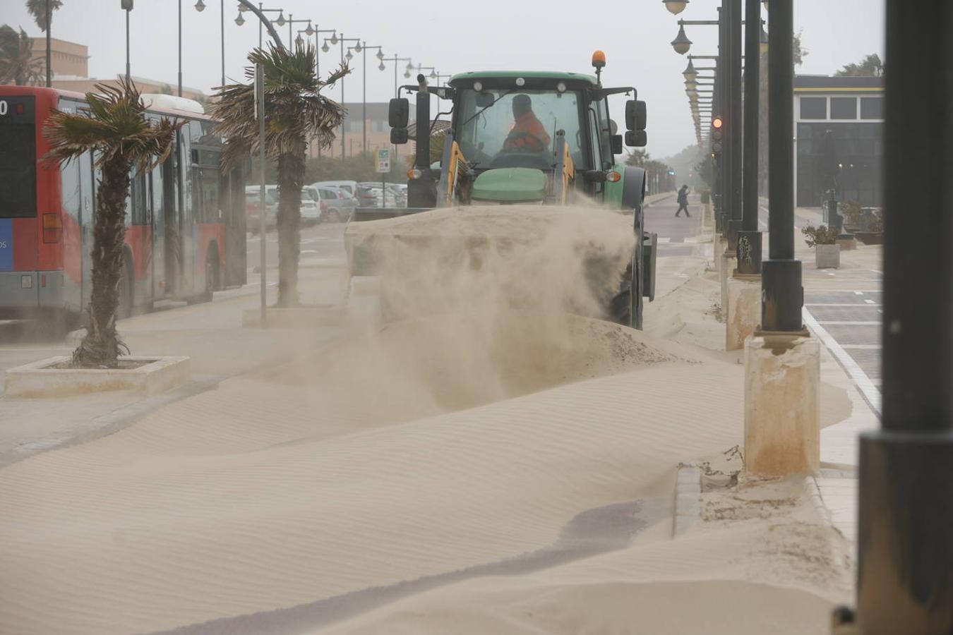 El paseo marítimo se ha llenado de arena por el temporal de viento en Valencia este 15 demarzo. 