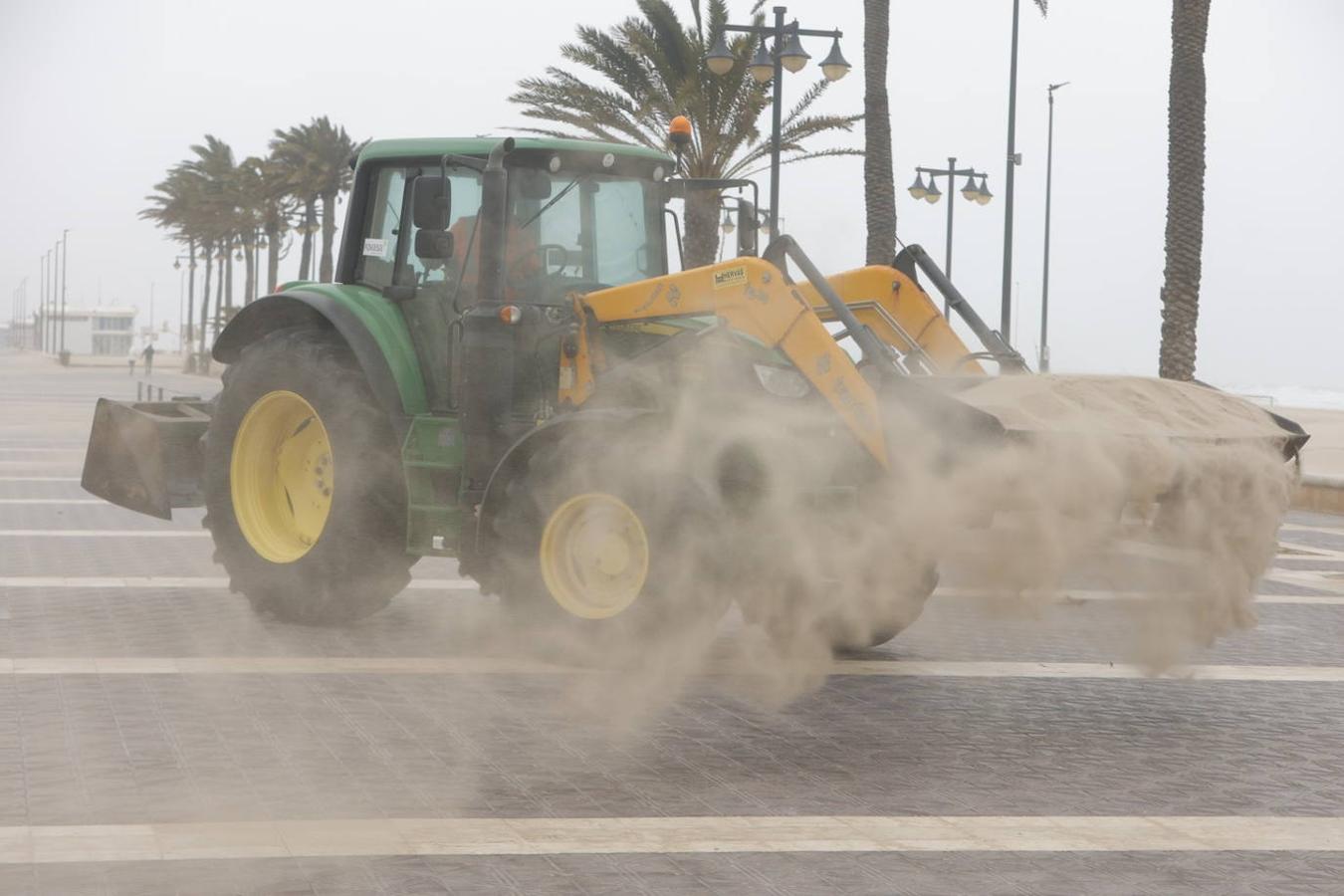 El paseo marítimo se ha llenado de arena por el temporal de viento en Valencia este 15 demarzo. 