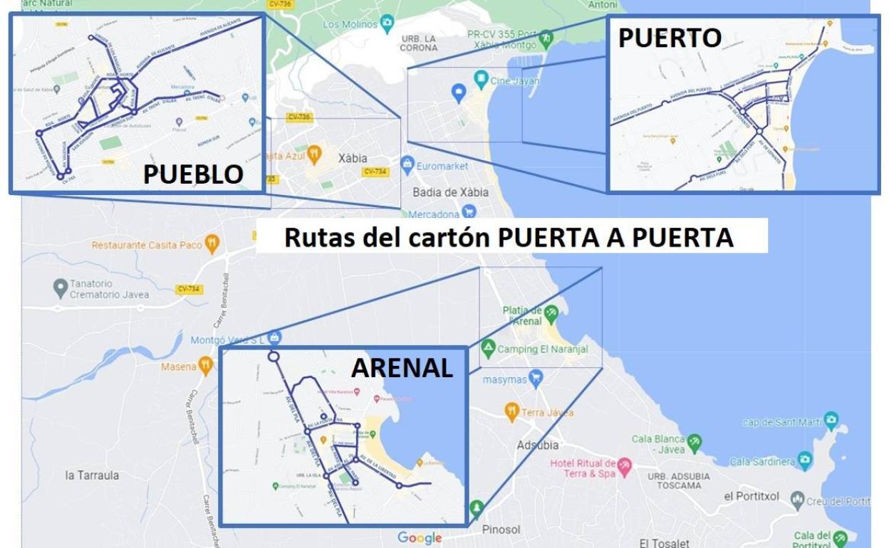 Plano de Xàbia con las áreas de recogida de cartón de los comercios. 