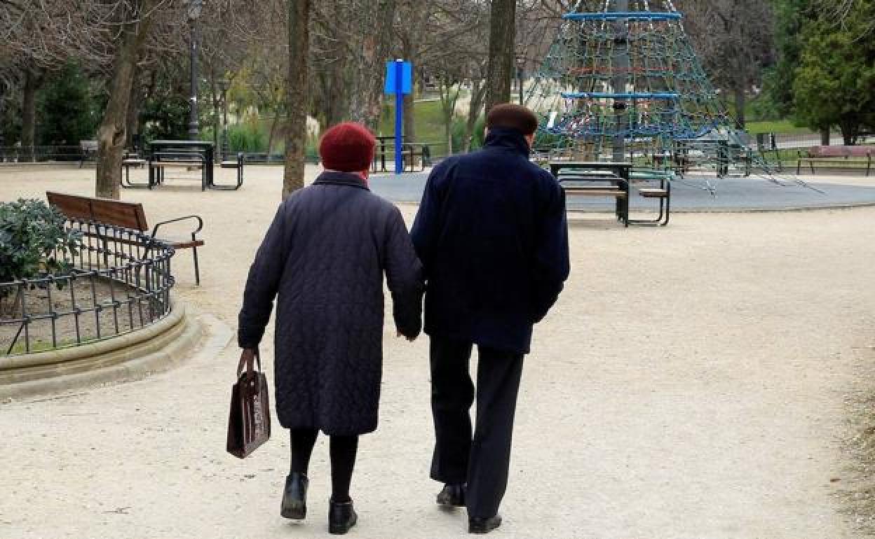 Dos personas mayores pasean por un parque. 