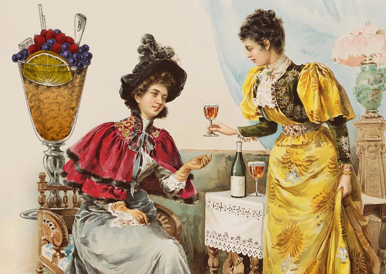 pIIustración de dos mujeres tomando un sherry-cobbler tomada de un recetario alemán de 1901. r. C.