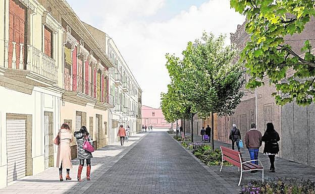 Calles sin coches. En ninguna de las figuraciones presentadas aparecen vehículos, como esta del Cabanyal, pese a que los vecinos suelen tener coches y motocicletas.