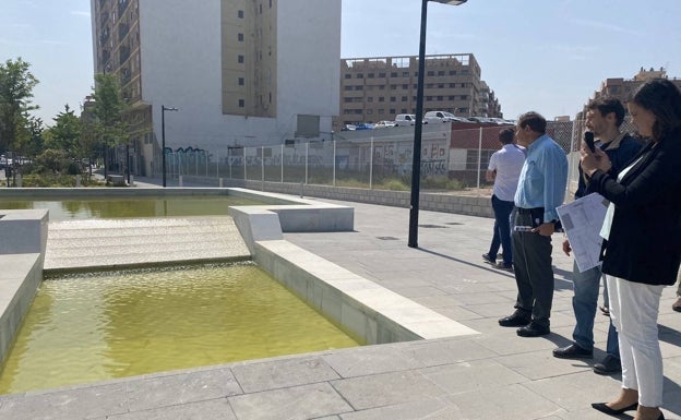 Imagen principal - Lámina de agua recayente a la calle Doctor Domagk, parque infantil y zona con palmeras y jardín vertical. 